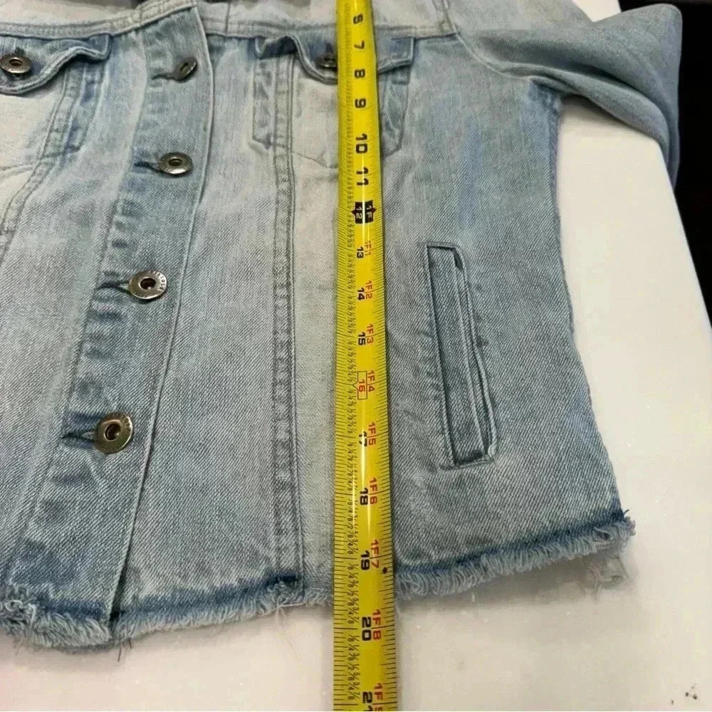 Pistola Women's Blue Denim Jacket Light Wash Distressed Raw Hem Cropped Size XS - Picture 4 of 8